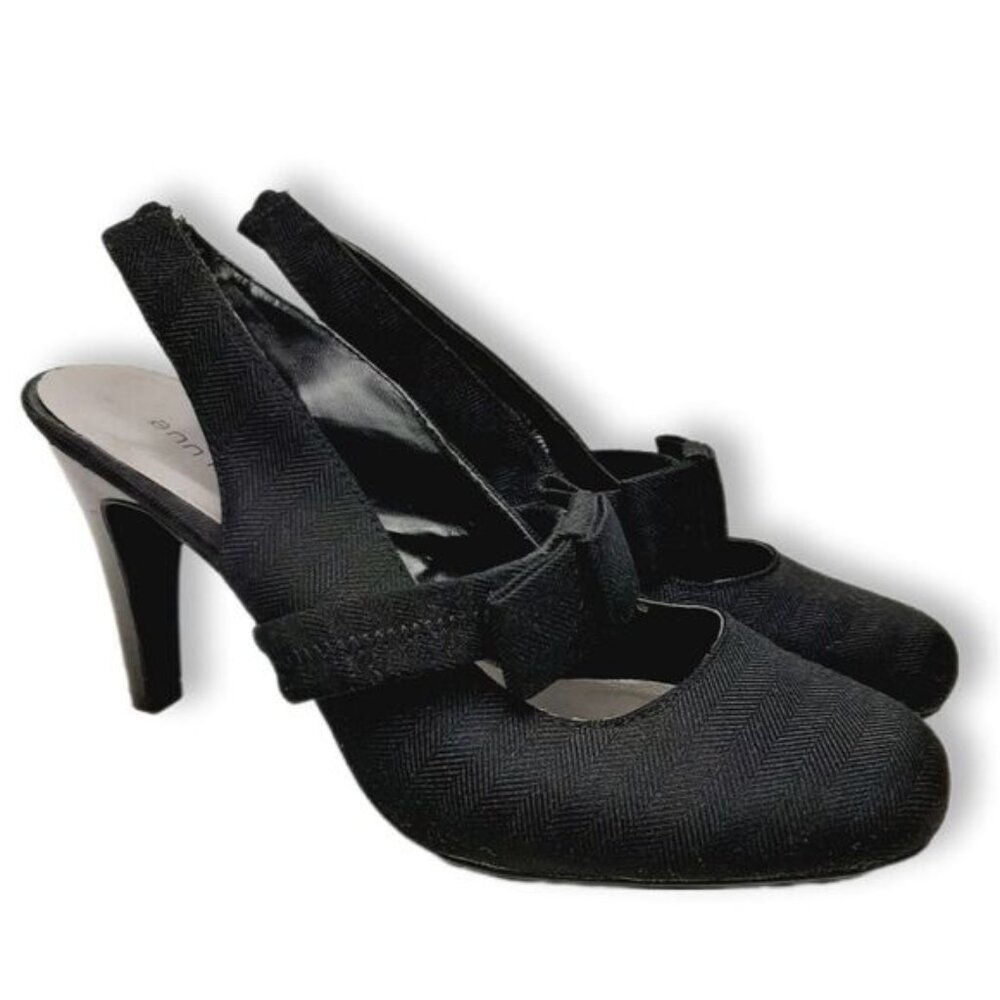 ANN MARINO Slingback Heels Bow Tonal Herringbone Fabric Black Sz 8 M Flawed
